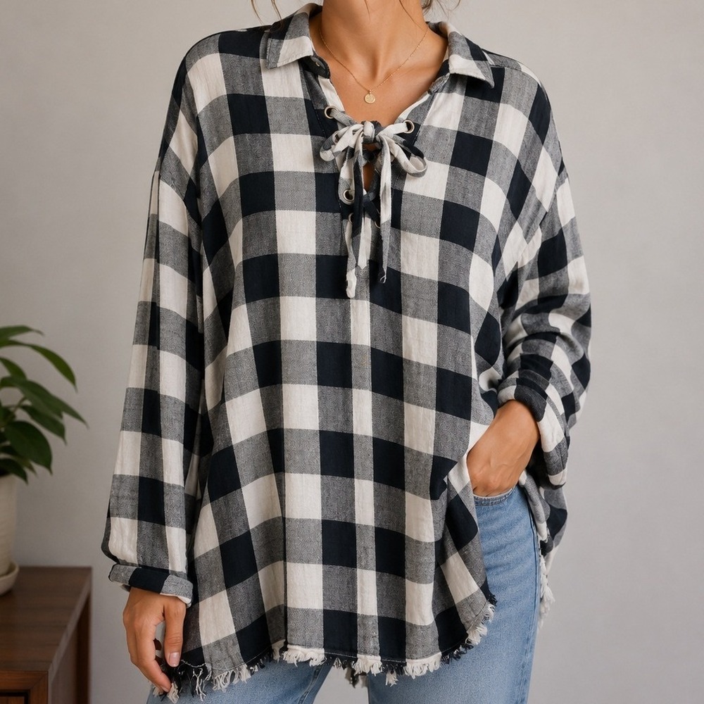 Jodifl Buffalo Plaid Tunic Top‎ Small Black White Cottagecore Grunge Camp Cotton